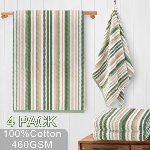 VOOVA & MOVAS Striped Bath Towels 4 Pack, 100% Cotton, 28x52 in, Sage Beige - color: Sage + Green + Beige Striped, size: 4 PC Bath Towels (28"x52")