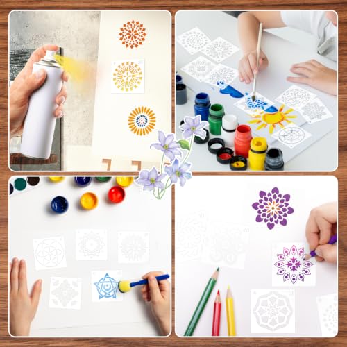 MWOOT 56 Pcs Mandala Stencils, Floral Templates for Painting on Wood, Tile, Stone, Canvas, Floral Stencils for Crafts Reusable, DIY Crafts Scrapbook Decor, 7.62x7.62 CM