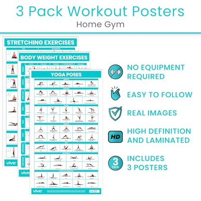 Vive Workout Posters for Home Gym (3 Pack) - Bodyweight, Yoga Poses