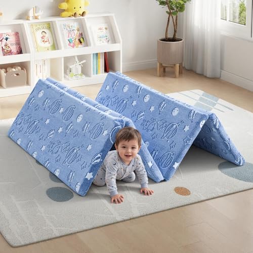 MeMoreCool Kids Floor Mattress, 48x72 Inch Foldable Play Mat, Outer Space - color: Denim Planet