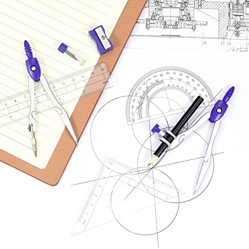 Vobou Math Geometry Sets 10 Pcs, Student Supplies Kit, Compass Set (Purple | Shatterproof Storage Box,Includes Rulers,Protractor,Compass,Eraser,Pencil Sharpener,Lead Refills,Pencil, for Drafting - color: Purple