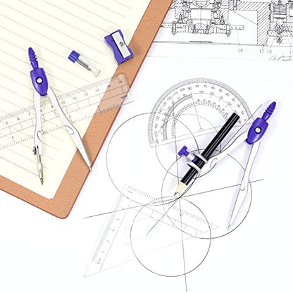 Vobou Math Geometry Sets 10 Pcs, Student Supplies Kit, Compass Set (Purple | Shatterproof Storage Box,Includes Rulers,Protractor,Compass,Eraser,Pencil Sharpener,Lead Refills,Pencil, for Drafting - color: Purple