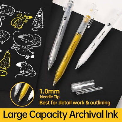 GETHPEN White Gold Silver Gel Pens,1.0mm Fine Opaque Archival Ink, 3 Pack | 3 Colors Gel Pen Set, Metallic Gel Ink Pens for Artists, Black Paper Drawing, Bullet Journaling, Holiday Crafts - size: 1.0 mm, style: 3 Pack White, Gold and Silver