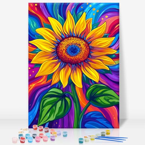Framed Paint by Numbers Kit for Adults, Colorful Sunflower, 8 x 12 Inch | DIY Adult Paint by Number Kit for Beginners, Floral Wall Decor, Stress Relief Craft Gift, Creative Hobby - color: TRTD1PF316