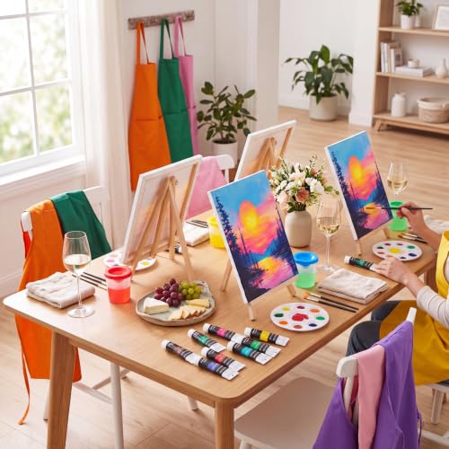 Cholemy 8 Set Paint and Sip Kit for Adults 8'' x 10'' Pre Drawn Canvas with Wooden Easels Acrylic Paint Brushes Wash Cup Palette Apron for Painting DIY Date Night Party Supplies (Sunset Lake) - style: Sunset Lake