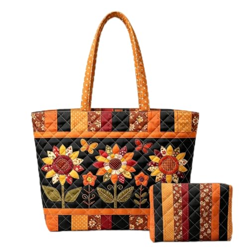 Quilted Tote Bag 2 Pack, Women's Tote Handbags for Work Travel - color: Orange Patchwork