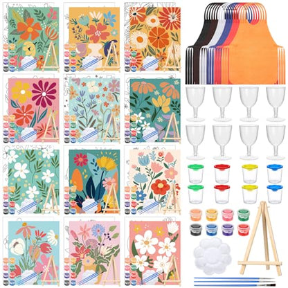 Sherr 96 Pcs 12 Sets Pre Drawn Canvas Kit for Painting Craft Sip and Paint Kit for Adults Pre Printed Canvas Painting Favor for DIY Birthday Gifts Adult's Date Party, 8 x 10 Inches(Flower) - style: Flower