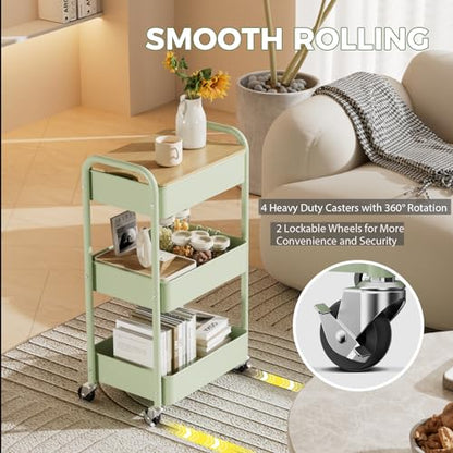 3 Tier Rolling Cart with Table top, Metal Rolling Utility Cart, Sturdy Storage Organizer Cart with Locking Wheels & Hooks for Office, Classroom, Kitchen and Bathroom - color: Green