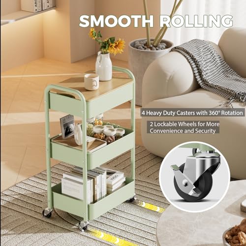 3 Tier Rolling Cart with Table top, Metal Rolling Utility Cart, Sturdy Storage Organizer Cart with Locking Wheels & Hooks for Office, Classroom, Kitchen and Bathroom - color: Green