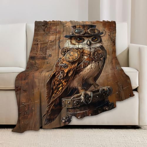 Retro Owl Blanket, Steampunk Throw Blanket, Owl Gifts, Vintage Blankets, Owls Stuff Fleece Flannel Plush for Women Men Boys Girls Lovers Adults Soft Bedding for Sofa Bed Office Home Decor 60"X50" - color: Steampunk Owl, size: 60"x50"