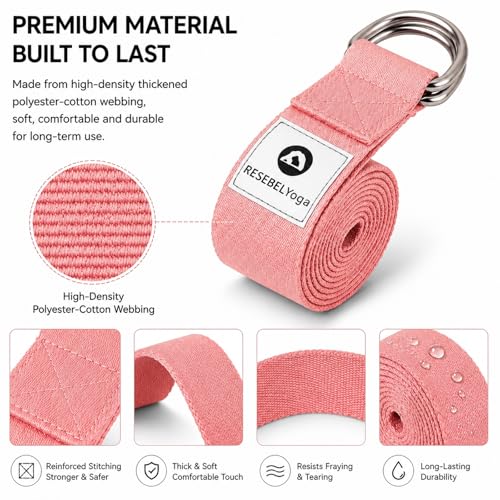 Yoga Strap for Stretching, Non-Elastic Yoga Belt with D-Ring | Thickened cotton strap in 6ft & 8ft sizes for Pilates, gym workouts, physical therapy, flexibility and posture support - color: Pink, size: 8Feet/2.4M
