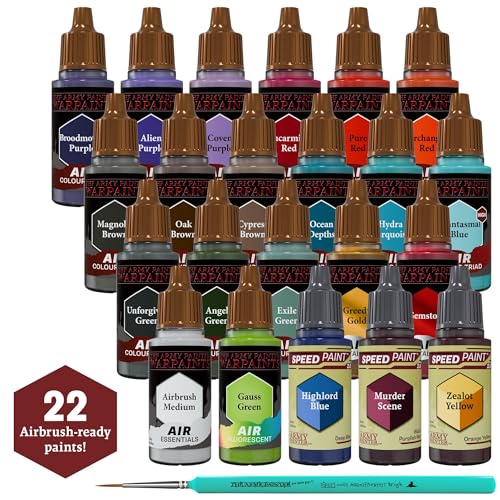 The Army Painter, Warpaints Air Most Wanted Paint Set C, 22 x 18 ml | 19 Acrylic Airbrush Paints, incl. 2 Metallics, 1 Fluorescent, 1 Medium, 3 Speedpaints & 1 brush - for Model and Miniature