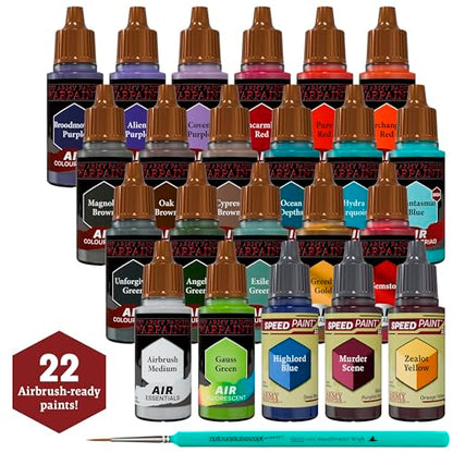 The Army Painter, Warpaints Air Most Wanted Paint Set C, 22 x 18 ml | 19 Acrylic Airbrush Paints, incl. 2 Metallics, 1 Fluorescent, 1 Medium, 3 Speedpaints & 1 brush - for Model and Miniature