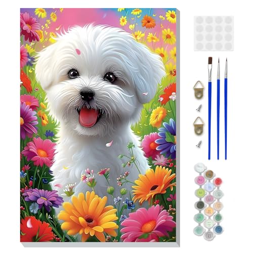 DOMROM Framed Paint by Numbers Kit for Adults, White Dog DIY Paint by Number Kits on Canvas, Easy Canvas Painting by Numbers for Home Wall Decoration Gift 8x12 Inch - color: OMQ072