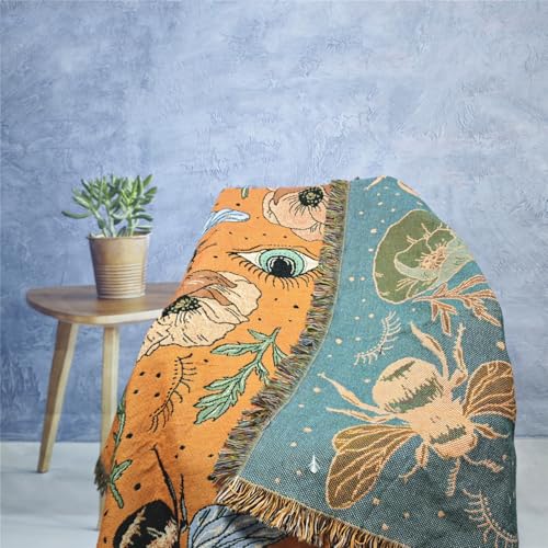JQZ Bohemian Throw Blanket, Woven Cotton with Fringe, for Sofa, Bed, Picnic, Outdoor Camping (Bees and Flowers) - color: Bees and Flowers