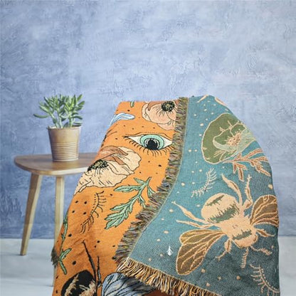 JQZ Bohemian Throw Blanket, Woven Cotton with Fringe, for Sofa, Bed, Picnic, Outdoor Camping (Bees and Flowers) - color: Bees and Flowers