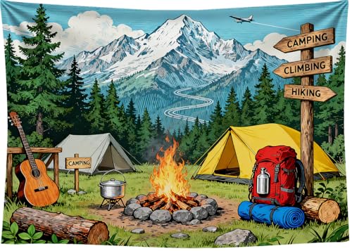 7x5FT Camping Backdrop Pine Tree Camping Equipment Bonfire Directional Sign Background for Outdoor Adventure Travel Holiday Themed Party Decoration Photo Shoot Props Vinyl - size: 7x5FT
