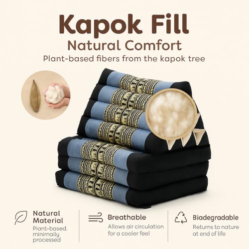 Leewadee - Comfortable Japanese Floor Mattress - Thai Floor Bed with Triangle Cushion - Futon Mattress - Thai Massage Mat, 67 x 21 inches, Blue, Kapok Filling | Floor & lounge cushion for relaxing, reading & TV - for meditation & yoga, firm & stable - col