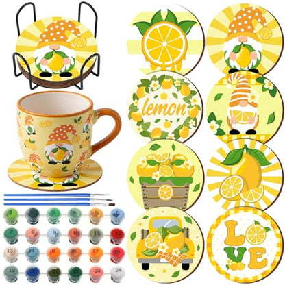 Reallnaive 8 Pcs Lemon Paint by Numbers Kit for Adults Wooden Coasters | Mini Paint by Numbers, Tiny Yellow Gnome Round Oil Painting Drink Coaster with Holder, for Small DIY Craft Birthday Gift - style: Lemon