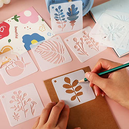 Augshy 56 Pack Flower Stencils for Painting, Butterfly and Bird, 3 Inch | Flower Butterfly Bird Stencils, for Wood Wall Floor Decor, DIY Rock Dot Painting, Art Projects - style: Flowering Plants