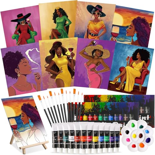 Cholemy 36 Pcs Paint and Sip Kit Gift for Adults 8''x10'',Wine Lady | Pre Drawn Canvas, Painting DIY Afro Acrylic Painting Kit, Wood Easel Brushes, Date Night Bulk, Summer Halloween Party - style: Wine Lady