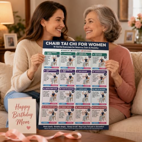 Chair Tai Chi Workout Chart for Women & Seniors, 16 Gentle Seated Exercises for Beginners, Home Exercise Guide to Improve Balance, Calm, Mobility & Flexibility, Wellness Gift for Mom & Grandma, 12 x 16 Inch Unframed