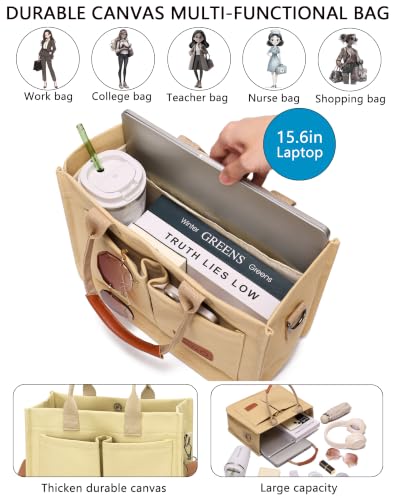 ZHMO Canvas Tote Bag for Women,Women's Bags Crossbody Bags Work Laptop Tote Bag Large Handbags Purse for Travel Nurse Teacher - color: Canvs Cute Khaki With Compartments