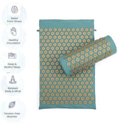 Acupressure Mat and Pillow Set for Back/Neck Pain Relief and Muscle Relaxation (Green/Gold)
