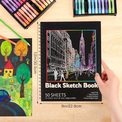 Black Paper Sketchbook 9 × 12 in, 50 Sheets, 160gsm, Spiral Bound | Acid-Free Black Paper, Heavyweight 108 Lb, Clean-Tear Pages, Hardcover, for Colored Pencil, Chalk & Gel Pens - size: 9×12 Inch (1 Pack )