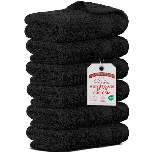 RIVERSIDE 6-Pack Premium Hand Towels Set, 16x28 inches, 100% Ring Spun Cotton, Super Soft, Quicker to Dry and Highly Absorbent, Towels for Bathroom, Kitchen, Gym, Spa, Black - color: Black, size: Hand Towels - 6 Pack