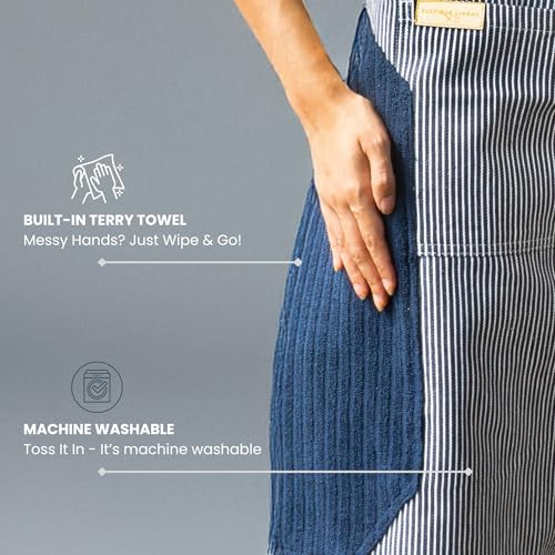 100% Cotton Kitchen Apron with 2 Pockets – Adjustable Chef Apron for Cooking Baking BBQ – Unisex Apron - color: Wipe Navy