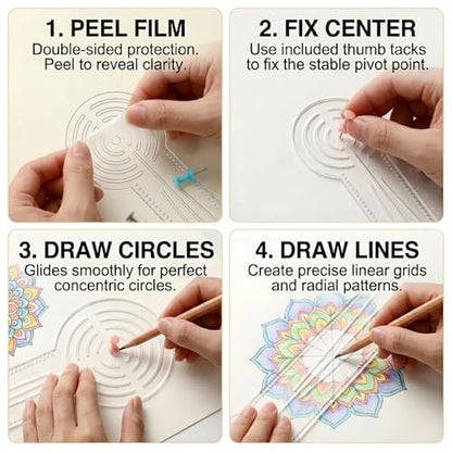 3-in-1 Mandala Ruler Tool with Holes, 3 Size Mandala Dot Art Circle Maker, Compass Protractor Straight Dotting Ruler for DIY Drawing Stencil Mandala Pattern Design