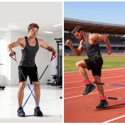 Exercise Bands，Set of 6 Resistance Bands for Working Out,Pull Up Bands Set,at Home Workout Equipment,Instruction Guide and Carry Bag Included - color: 5set（Blue+green+purple+yellow+red+handles&ankle straps ）