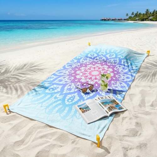 YunTu Mandala Oversized Sandproof Beach Towel Blanket with 4 Wind Anchors & Detachable Pillow, Pocket, Extra Large Microfiber Mandala Beach Mat for Travel, Camping, Hiking (Mandala 1) - color: Mandala 1
