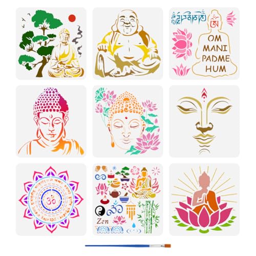 FINGERINSPIRE 9 Pcs Religious Pattern Stencils with a Brush 11.8x11.8Inch Buddha Painting Stencils Yoga Pattern Template PET Mandala Lotus Flower Template for Wood Wall Floor Tiles Furniture - style: Religious Mandala Buddha