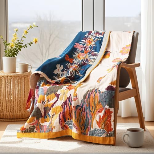 VANJOROY Boho 담요, 100% 유기농 면 127x152.4cm(50x60인치), 카우치 베 - color: 꽃-나비, size: 담요(50 x 60인치)