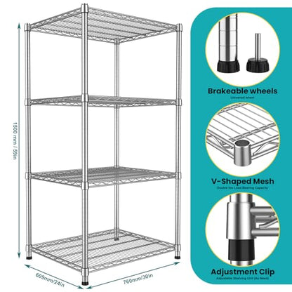 24"Depth Metal Wire Shelving Unit Metal Shelf Adjustable Storage Rack Kitchen Storage shelves 4 Tier Commercial Heavy-Duty 2200 LBS Sturdy Standing Steel for Home Garage Pantry 24"Dx 30"Wx59"H
