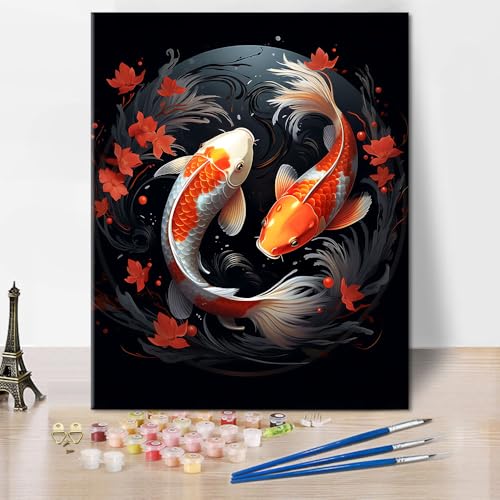 TUMOVO Koi Fish Paint by Number for Adults, Yin Yang Theme Paint by Numbers Kit for Adults, Animals DIY Oil Painting by Numbers for Gift Home Wall Decor Art Crafts 16"x20"(Frameless) - color: Koi Fish