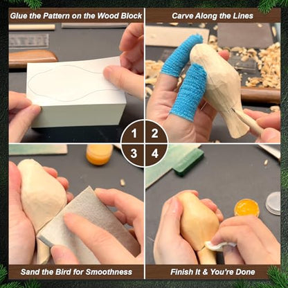 Wood Carving Kit, 13Pcs Whittling Kit with Carving Knives for Beginners | Bird DIY Whittling Knife Set with Leather Sheath, Woodworking Hobby Craft Kits for Adults & Kids, Meaningful Gift - color: Bird Wood Carving Kit