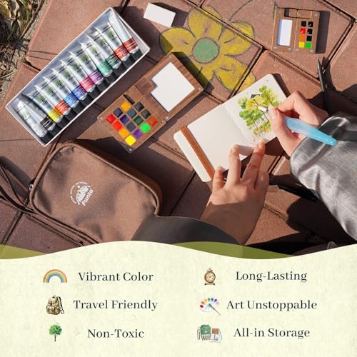 Funto Travel Watercolor Paint Set, All-in-One Premium Walnut Wood 15-Grid Pocket Kit with Refillable Paint Tubes, Crossbody Bag, Water Brush, Drawing Pencil & Sketchbook – Ideal for Serious Artists and Beginners - color: 15-Wood