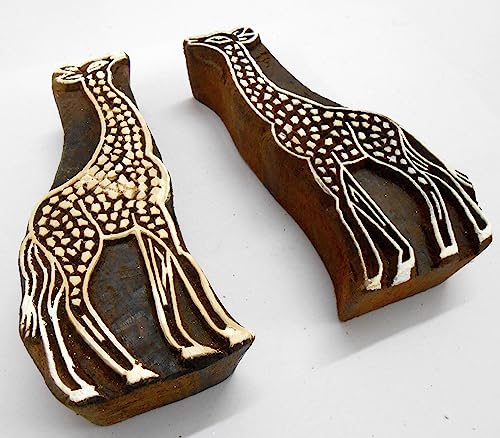 CraftsofIndia® Pair of Giraffe Wooden Blocks Stamps for Printing on Textiles, Pottery Crafts,Henna, Scrapbooking (Set of 2) - size: Pack # 106