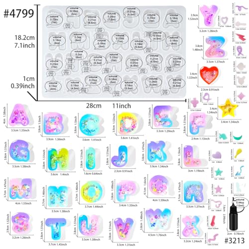FUNSHOWCASE Alphabet Resin Shaker Molds Kawaii Keychain Charm Set Pack of 58 Silicone Trays Seal Films Precision Tip Applicator Bottle Kit Bundle - color: Alphabet Craft Pack of 58
