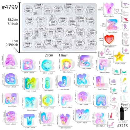 FUNSHOWCASE Alphabet Resin Shaker Molds Kawaii Keychain Charm Set Pack of 58 Silicone Trays Seal Films Precision Tip Applicator Bottle Kit Bundle - color: Alphabet Craft Pack of 58