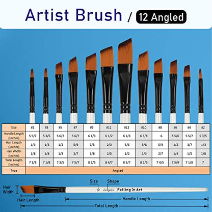 Falling in Art 12 PCS Professional Angled Paint Brushes Set | Artist Brushes for Watercolor, Oil Painting, Acrylic, Face Body Nail Art, Crafts, Rock Painting - size: 12 Pcs Angled Nylon