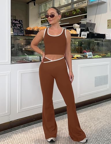 Womens Workout Sets 2 Piece Flare Leggings Contrast Top - color: Chocolate, size: Small
