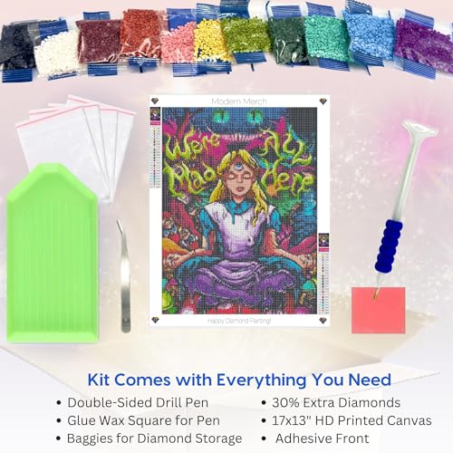 Modern Merch Alice in Wonderland Diamond Art Kits for Adults 'We're All Mad Here' 5D Diamond Painting for Adults, DIY Trippy Wall Art, Cross Stitch Gem Art, Full Round Drill 12x16 - color: Alice in Wonderland