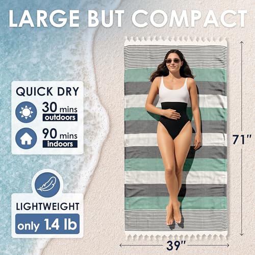 ATANI Turkish Beach Towel, Converts to a Bag, Oversized 100% Cotton Bath Towels Lightweight Quick-Dry Beach Blanket for Travel, Picnic, Camping, Yoga and Pool (Green x Black, 71 inc x 39 inc) - color: Green X Black, size: 71 inc x 39 inc