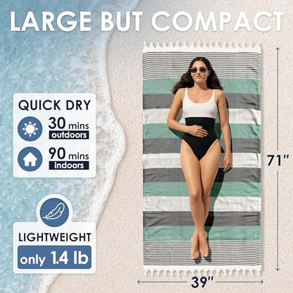 ATANI Turkish Beach Towel, Converts to a Bag, Oversized 100% Cotton Bath Towels Lightweight Quick-Dry Beach Blanket for Travel, Picnic, Camping, Yoga and Pool (Green x Black, 71 inc x 39 inc) - color: Green X Black, size: 71 inc x 39 inc