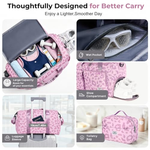 FIORETTO Women's Gym Duffle Bag with Shoes Compartment, 30L Capacity, Ideal for Travel, Gym, Sports, Duffel, Weekender - color: Leopard Pink, style: Gym Bag With Toiletry Bag