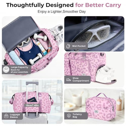 FIORETTO Women's Gym Duffle Bag with Shoes Compartment, 30L Capacity, Ideal for Travel, Gym, Sports, Duffel, Weekender - color: Leopard Pink, style: Gym Bag With Toiletry Bag